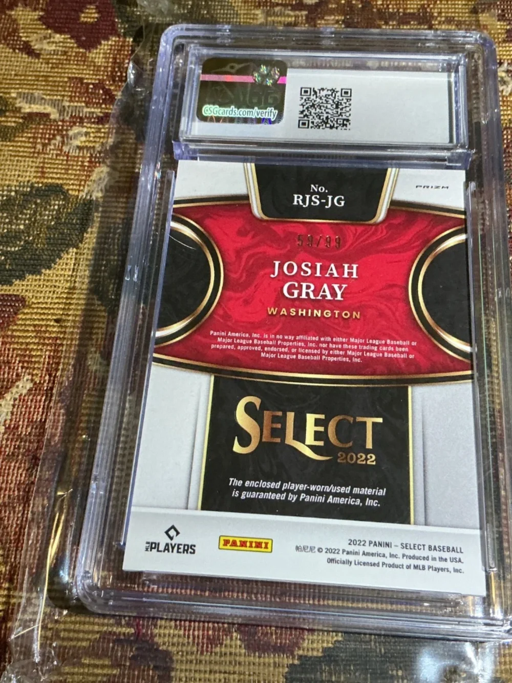 2022 Panini Select Josiah Gray Rookie Jumbo Swatch Jersey Tri-Color /99 CSG 9